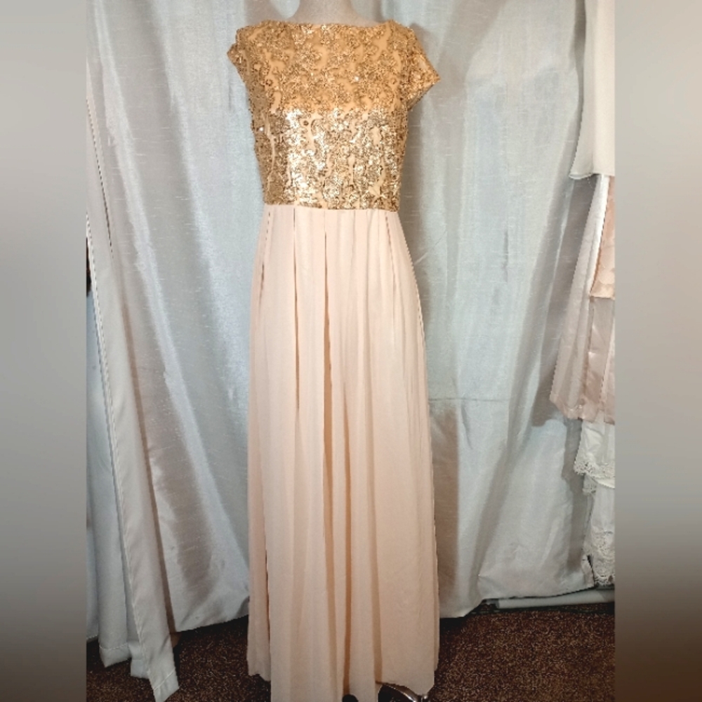London Dress Co. Column Dress, gold sequin bodice pleated skirt, sleeveless,8-10